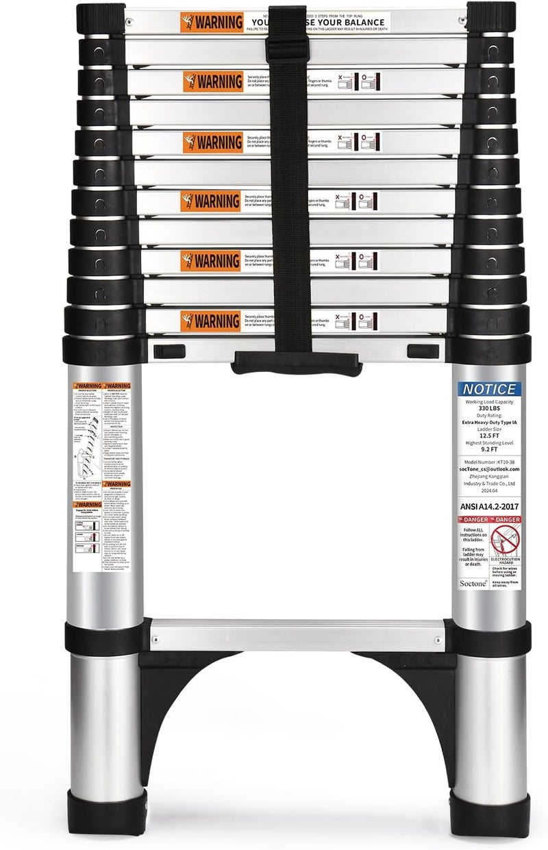 Soctone Telescoping Ladder 12.5 FT A Button, Aluminum Lightweight Extension Ladder with 2 Triangle Stabilizers, Heavy Duty 330lbs Max Capacity, Multi-Purpose Collapsible Ladder for Household or Outdoor Work - Image 1